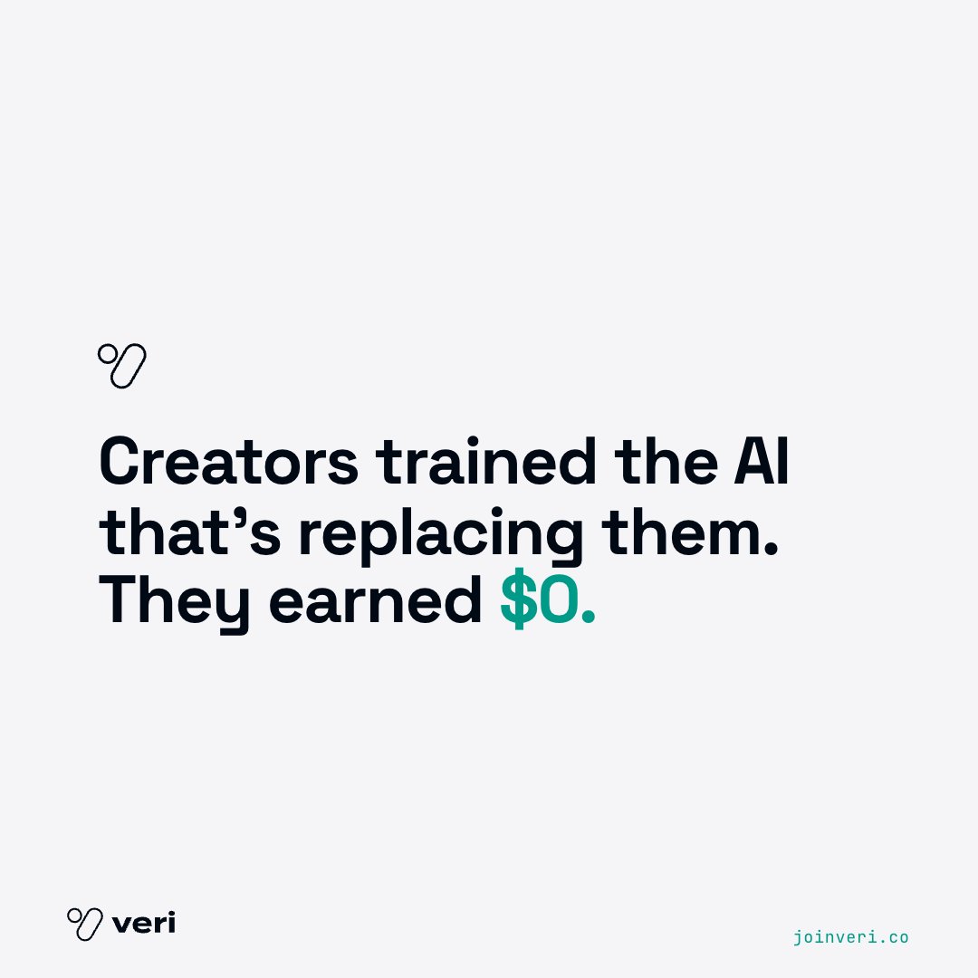 join_veri's tweet photo. Creators earned $0 from AI training.
Frontier labs are worth $1.2T.

Who do you think should've gotten paid first? https://t.co/RuNvllguLd