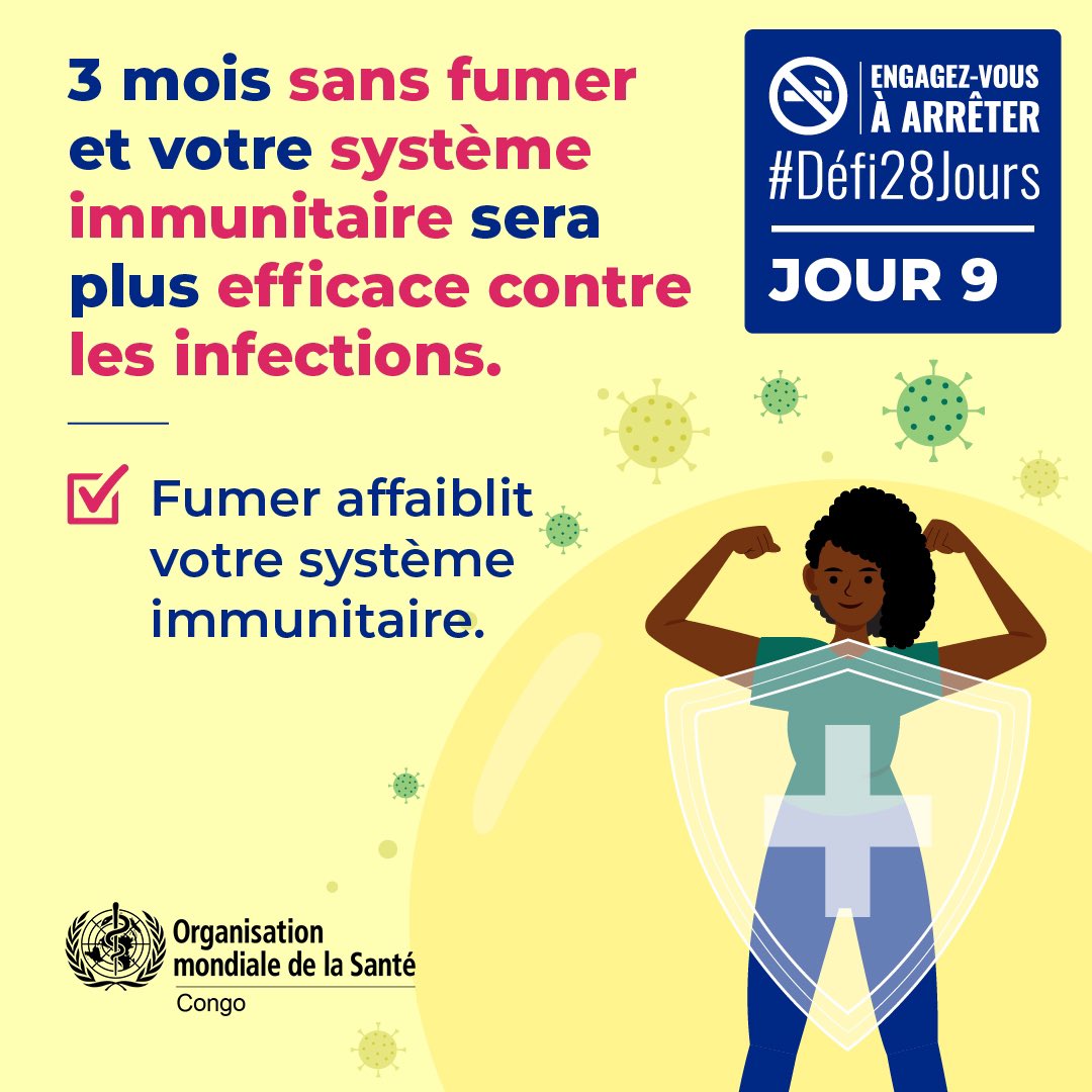 OMSCongo's tweet photo. 🚭 Arrêter de fumer, c’est aussi renforcer ses défenses naturelles.

Sans tabac, votre système immunitaire devient plus efficace contre les infections 💪

#Défi28Jours #SansTabac #OMSCongo #Jour9 https://t.co/eBvHPJZhXX