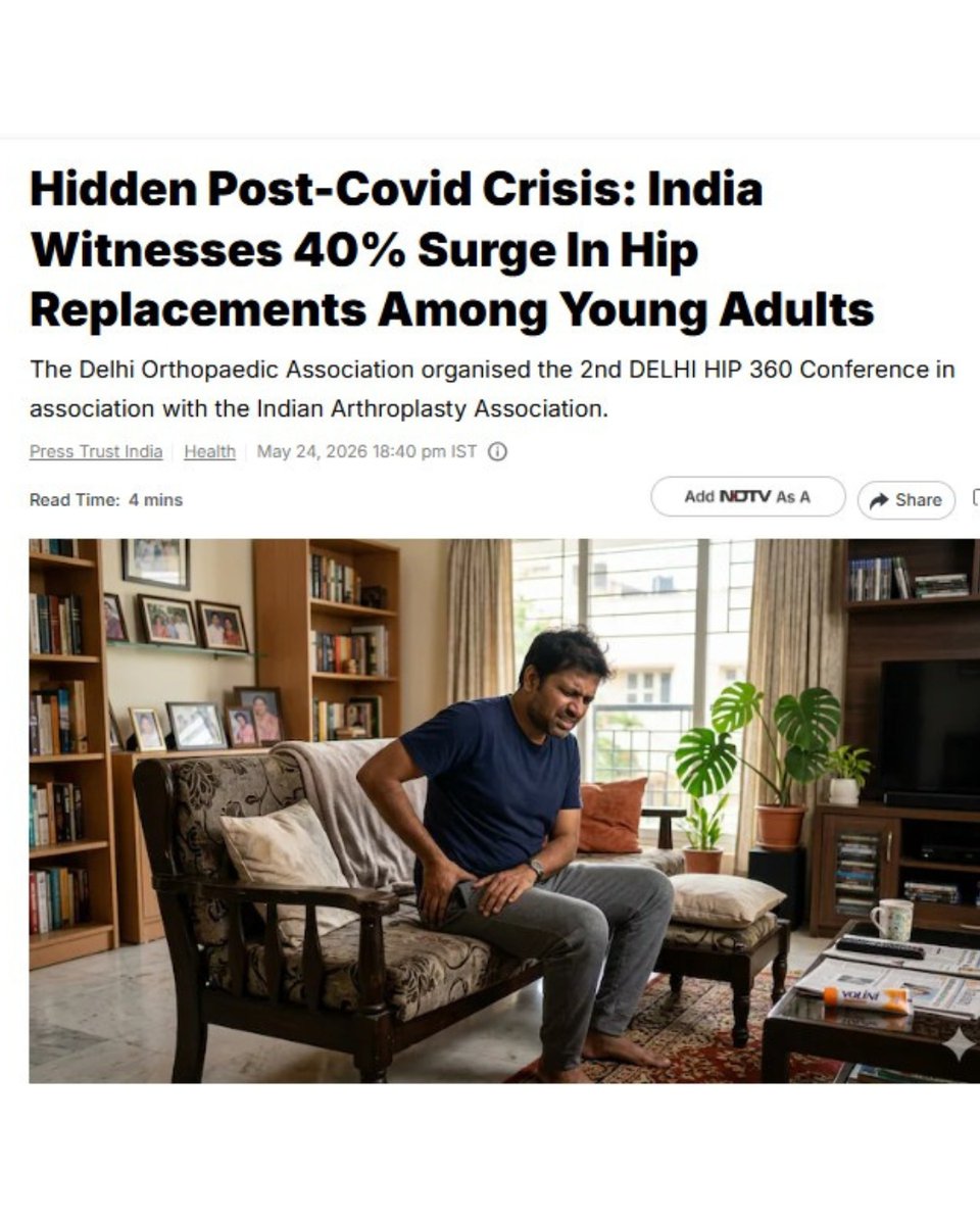 DrLTomar's tweet photo. Recent reports highlight a sharp rise in hip surgeries among young Indians after COVID. Experts link delayed diagnosis and AVN to increasing joint damage cases.

Don’t ignore persistent hip pain or stiffness. Early care matters.

#HipPain #HipReplacement #AVN #OrthopedicCare https://t.co/glEQd3d9OV