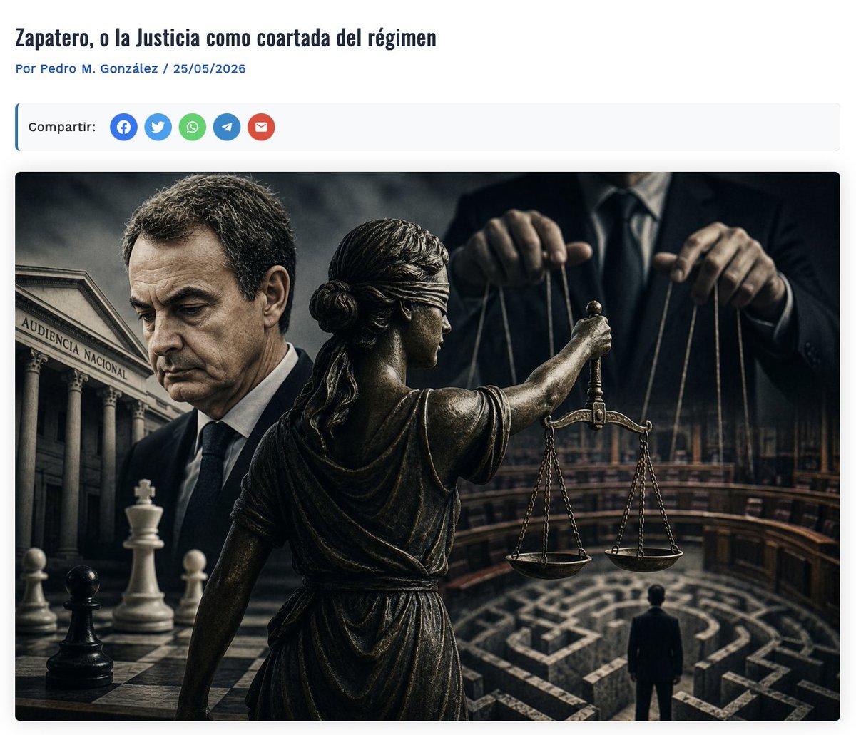 MarioMrGr's tweet photo. "La independencia judicial no se demuestra con autos espectaculares, ni por el sacrificio ritual de alguna figura política cuando las circunstancias lo aconsejan. La independencia judicial se mide allí donde el poder político pierde el control sobre el tiempo, la oportunidad y las consecuencias de las decisiones judiciales. Y precisamente eso es lo que aquí no sucede".

Interesante artículo de Pedro M. González en DiarioRC. 

Dejo el enlace en los comentarios 👇👇👇👇👇

#independencia #IndependenciaJudicial #zapatero #PlusUltra
