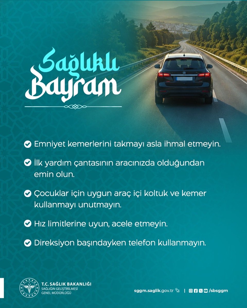 sbsggm's tweet photo. Bayram sevincini güvenle yaşamak için trafikte dikkatli olun; molalarla hem bedeninizi hem dikkatinizi zinde tutun.

Güvenli yolculuklar, sağlıklı bayramlar.
 
#SağlıklıTürkiyeYüzyılı
#SağlığıGeliştirenTürkiye
#SağlıklıBayram https://t.co/3O3REOav1p