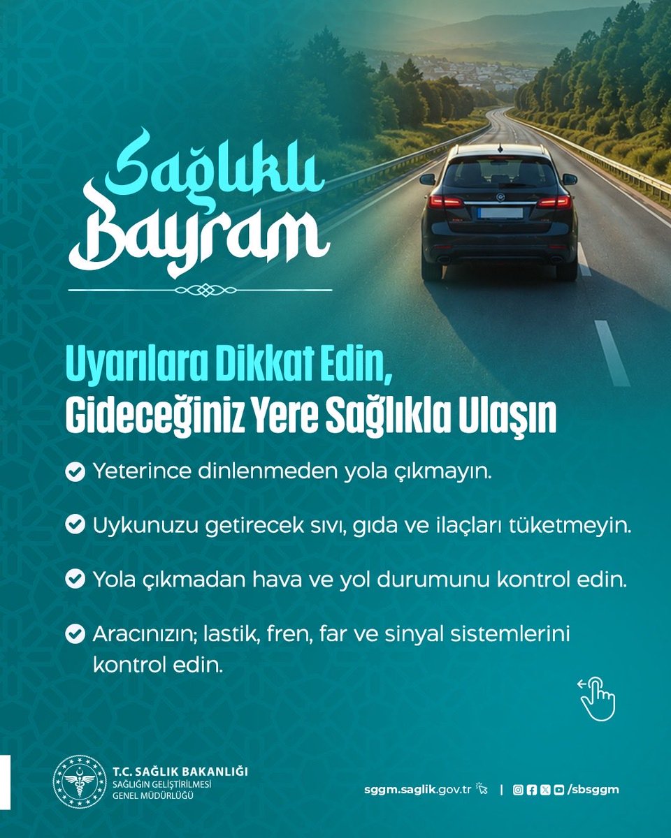 sbsggm's tweet photo. Bayram sevincini güvenle yaşamak için trafikte dikkatli olun; molalarla hem bedeninizi hem dikkatinizi zinde tutun.

Güvenli yolculuklar, sağlıklı bayramlar.
 
#SağlıklıTürkiyeYüzyılı
#SağlığıGeliştirenTürkiye
#SağlıklıBayram https://t.co/3O3REOav1p