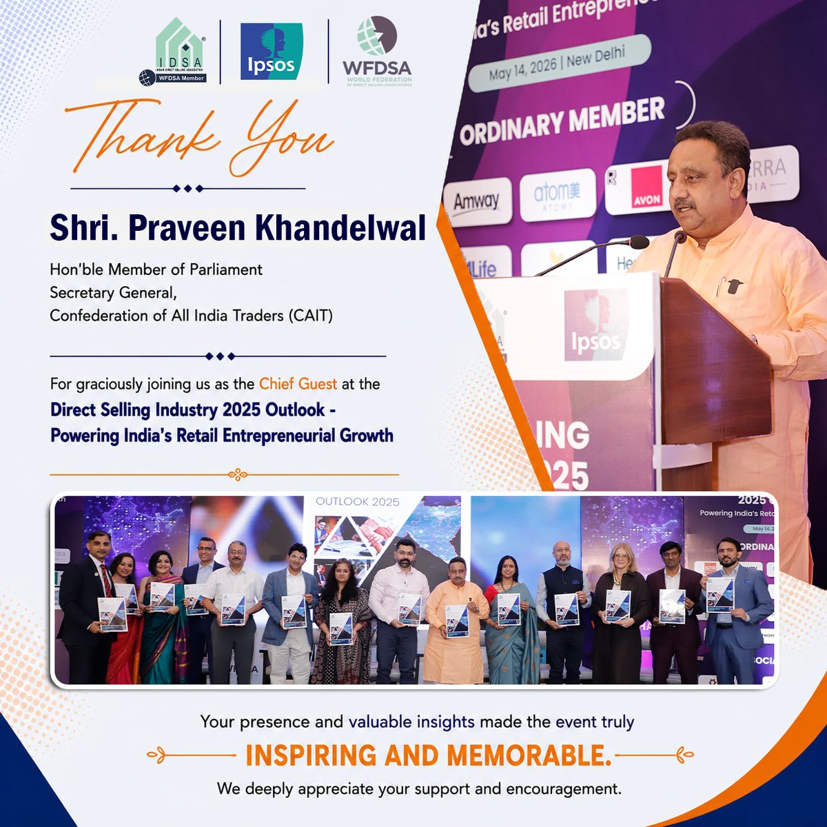 IndianDSA's tweet photo. On 14th May 2026, New Delhi witnessed the unveiling of the Direct Selling Industry 2025 Outlook – Powering India’s Retail Entrepreneurial Growth.
We were honoured to have Shri. Praveen Khandelwal ji graced the occasion as the Chief Guest.
#IDSA #DirectSelling 
@PKhandelwal_MP https://t.co/FZQjvl5GNu
