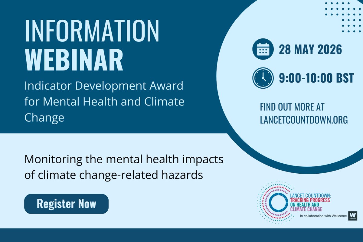 LancetCountdown's tweet photo. Join an information webinar on the Indicator Development Award for Mental Health and Climate Change. Learn about assessment criteria, the application process, and practical funding guidance.

Register: https://t.co/IuSWdxbgm9
More details: https://t.co/8XOLQFwOj9 https://t.co/E2nMbHbccB