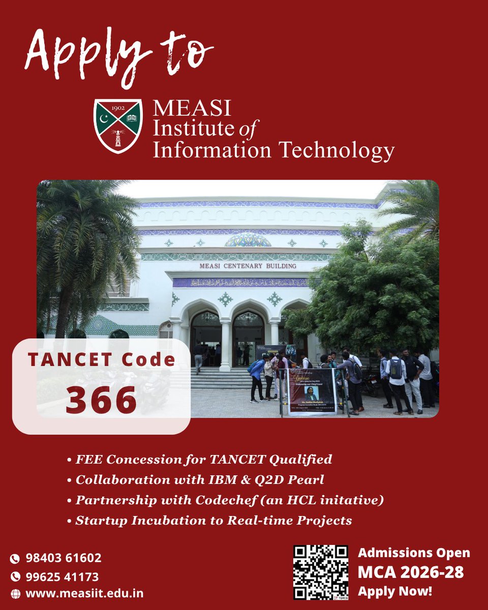 measiit's tweet photo. 🎓✨ Cleared TANCET? Join MEASI IT! ✨🎓

Choose excellence. Choose innovation. Choose your future with

🏫 MEASI IT

📌 TANCET Code: 366

💻 Real-Time Projects

🚀 Industry-Integrated Learning

🎓 MCA Admissions Open (2026–2028 Batch)

🌐 https://t.co/15vjb7m5eF

#MEASIIT https://t.co/uU6QyYE4as