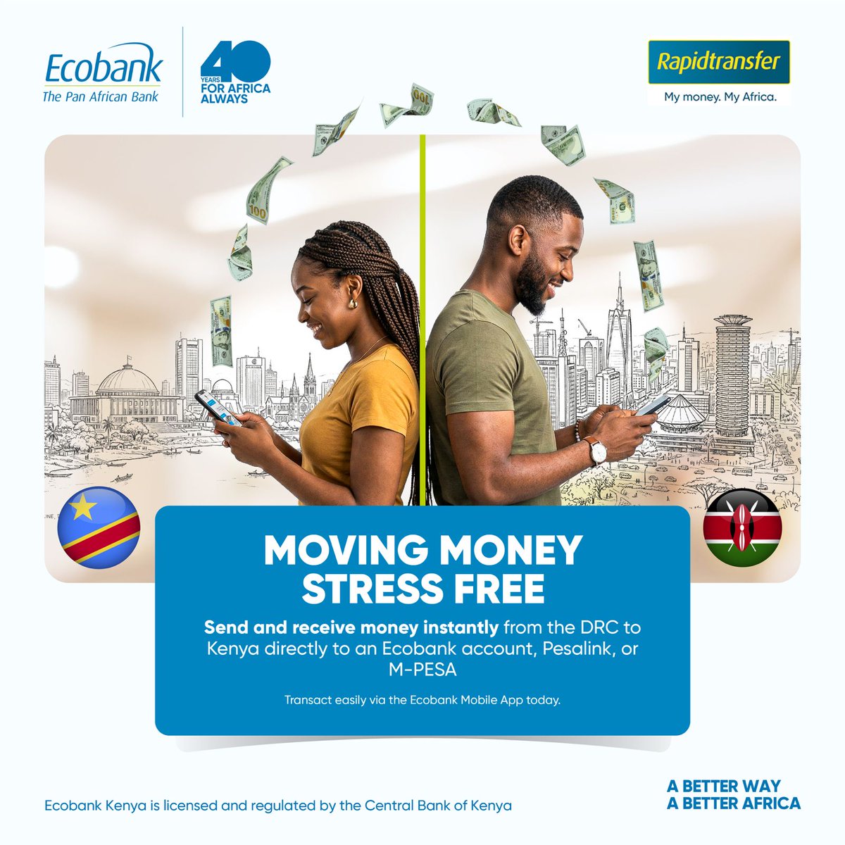 EcobankKenya's tweet photo. Distance is nothing when money moves instantly.
Send and receive money from the DRC to Kenya, straight to an Ecobank account, Pesalink, or M-PESA, quickly, easily, and stress free via the Ecobank Mobile App.
#Ecobank40 #Rapidtransfer #ABetterWay https://t.co/ZovRpGWpEC
