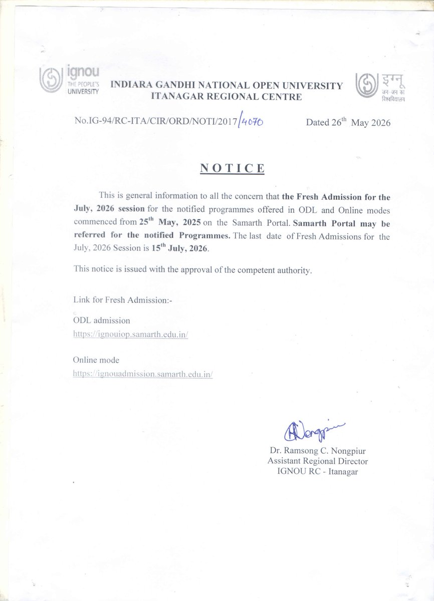 ItanagarRC's tweet photo. Notice for Fresh Admission July 2026 session https://t.co/E17yUPvc10