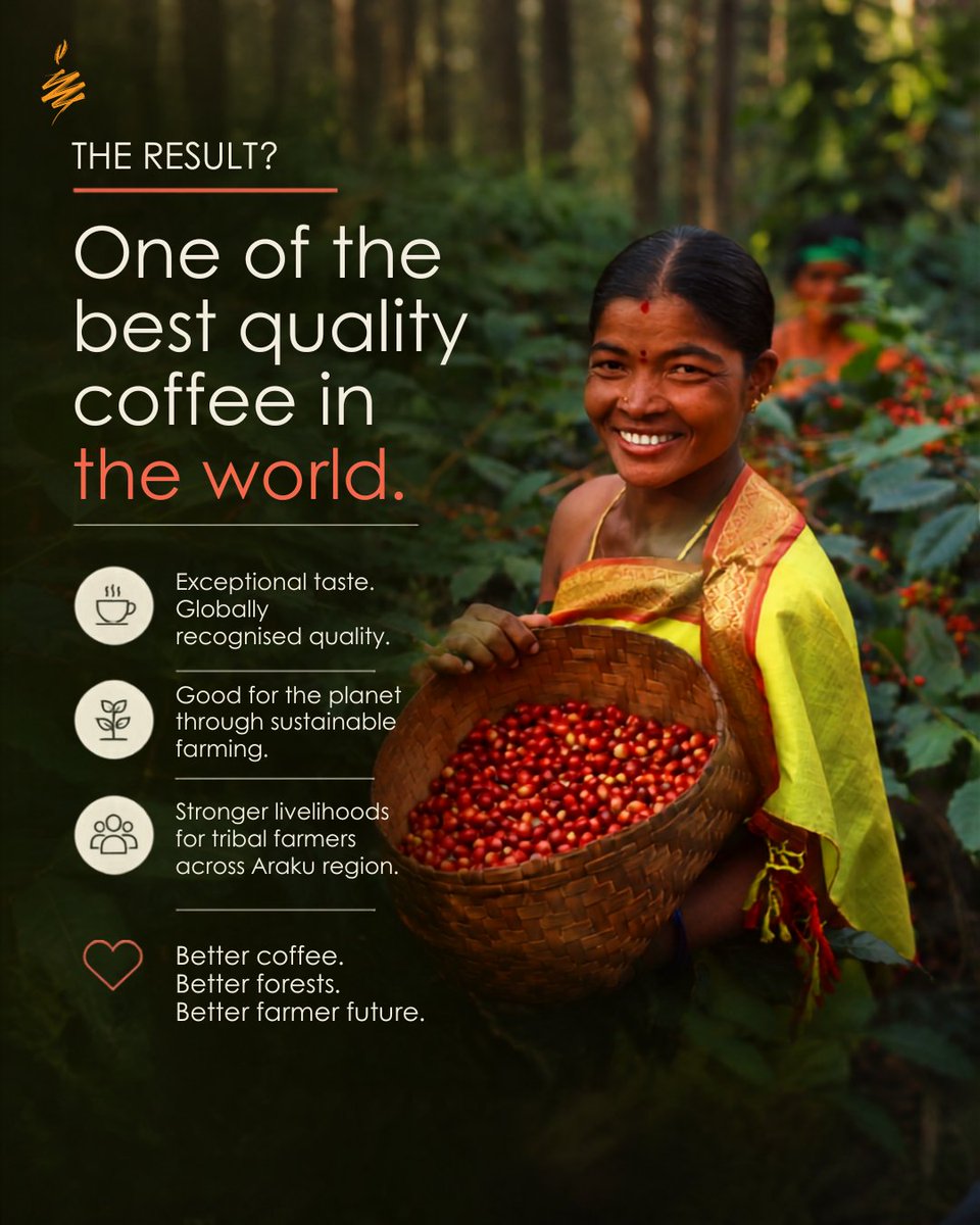 naandi_india's tweet photo. The story of great coffee like ARAKU begins long before the cup. It begins in thriving forests, careful farming practices, and communities that grow in harmony with the land. Naandi works closely with coffee farmers from the Araku region focusing on every step that shapes exceptional produce: from organic regenerative agriculture and biodiversity protection to shade-grown cultivation and handpicking ripe cherries. Because when we care for the planet, the quality of produce becomes better too. Read more about how we do that here: https://t.co/M8rpZQHcwj 

#Arakunomics #ArakuCoffee #QualityProduce #SustainableFarming #RegenerativeAgriculture #TribalFarmers #SpecialtyCoffee #Biodiversity #EthicalCoffee #ForestGrownCoffee #SustainableLivelihoods #India