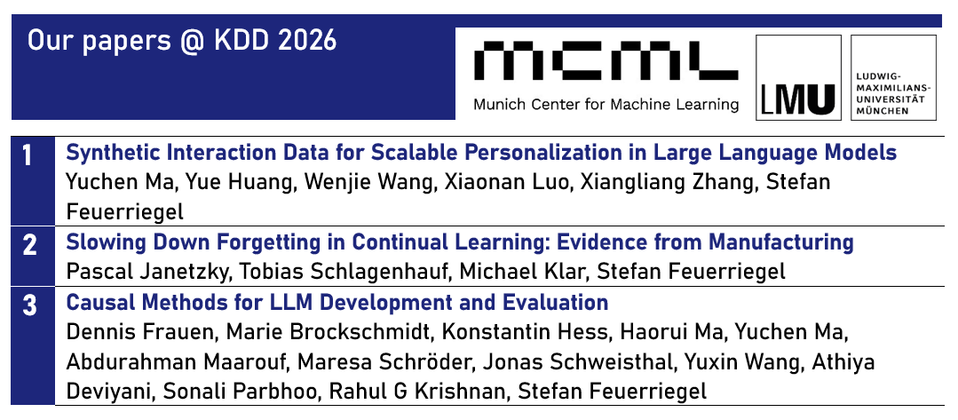 stfeuerriegel's tweet photo. Our papers at #KDD 👇
1️⃣Synthetic Interaction Data for Scalable Personalization in Large Language Models
https://t.co/2LLKU0Pjw6
2️⃣Slowing Down Forgetting in Continual Learning
https://t.co/90lJalu0v8
3️⃣Causal Methods for LLM Development and Evaluation
https://t.co/xXKui5yMEh https://t.co/6mMagluCkS