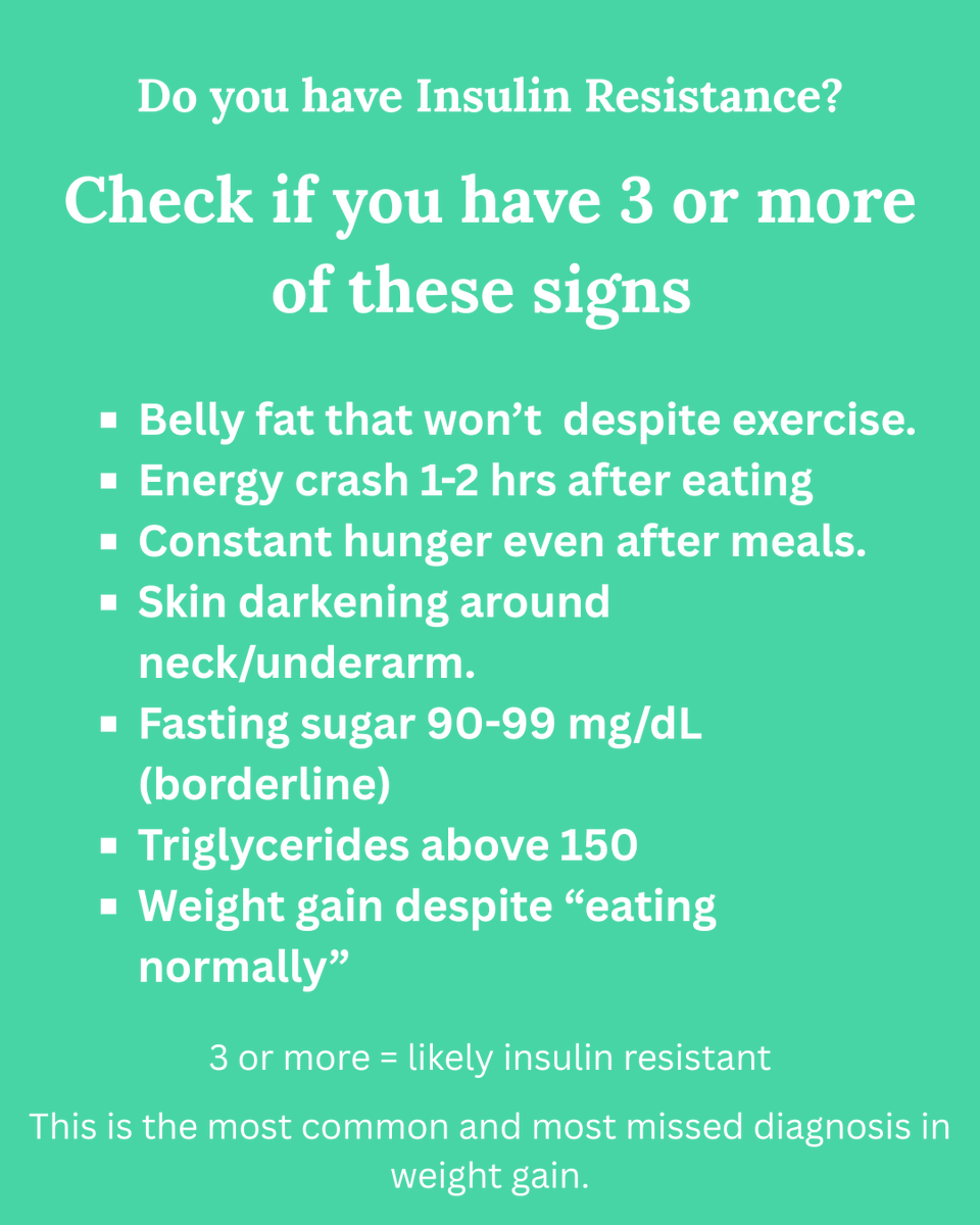 Inteledoc's tweet photo. Insulin resistance is the most missed reason for weight gain.

3+ of these signs = take action:
✅ Belly fat despite exercise
✅ Energy crashes after eating
✅ Always hungry
✅ Dark skin patches
✅ Fasting sugar 90-99 mg/dL
✅ High triglycerides

#InsulinResistance https://t.co/VubIgQdlrU