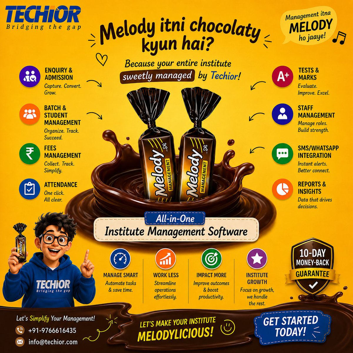 TechiorSolution's tweet photo. Melody itni chocolaty kyun hai? 
Because Techior makes institute management smooth, smart &amp; stress-free! 
✅ Fees Management
✅ Attendance &amp; Biometric
✅ Staff Management
✅ WhatsApp/SMS Integration
✅Reports &amp; Insights

📞 +91-9766616435
📧 info@techior.com https://t.co/5iWJNz6uAj