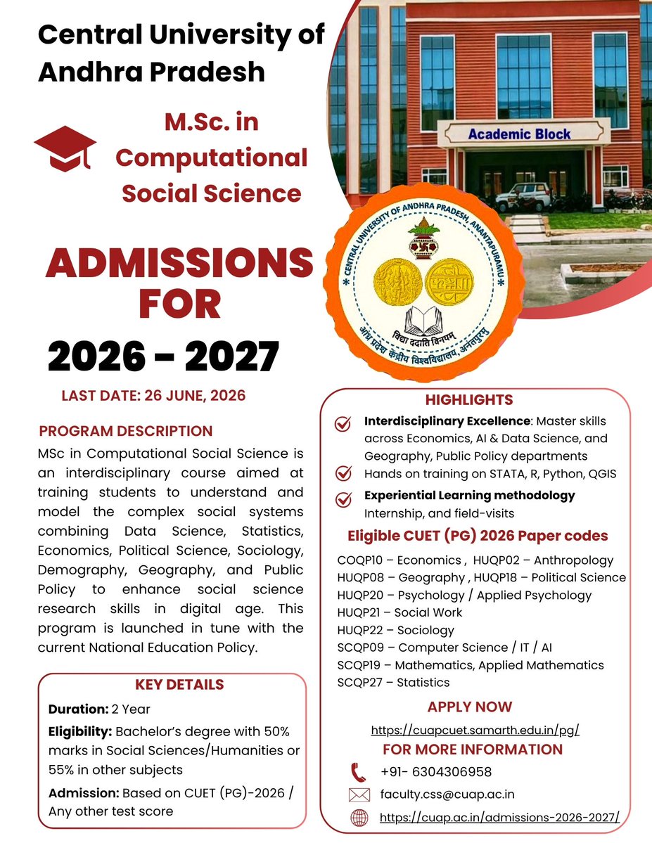 inakotiPrasad's tweet photo. Decode Society with Data! Join https://t.co/DIfcc38CmK. in Computational Social Science at Central Univ. of Andhra Pradesh @CUAP_official , and become a CSS professional
Last date: 26/06/2026; Contact me for more info.
#ComputationalSocialScience
#DataSociety
#DigitalHumanities https://t.co/t9xNRsgBhV
