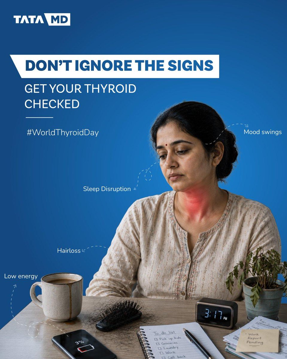 _Tata_MD_'s tweet photo. Feeling tired all the time? Hair fall, sleep issues, mood changes, or low energy may sometimes be linked to thyroid imbalance.

Early screening can make a meaningful difference.

Visit: https://t.co/GYMdP3evXE

#ThyroidHealth #HormonalHealth #EarlyDetection  #TataMD https://t.co/qMvIq6Mq2e