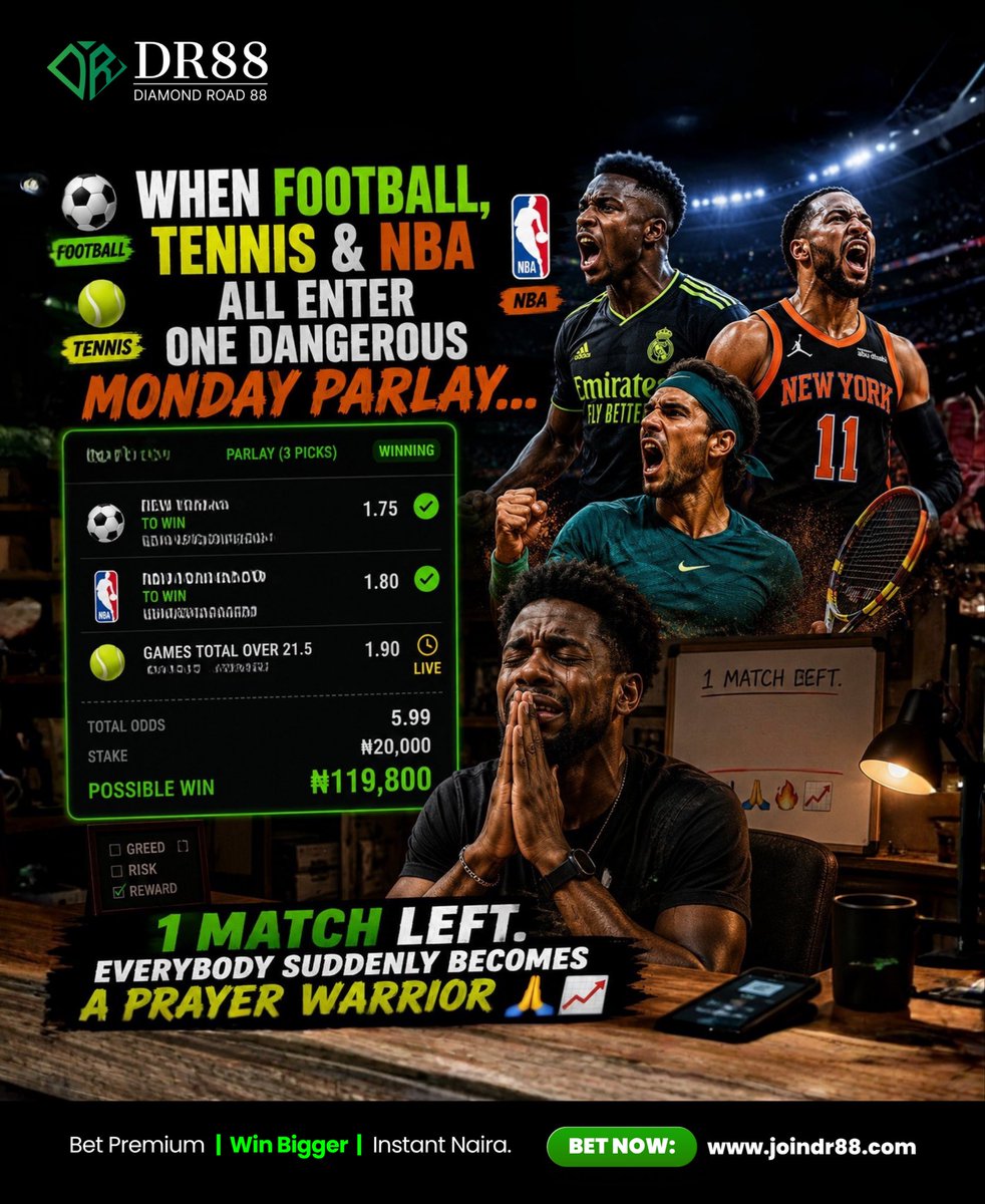 DiamondRoad88's tweet photo. 😂 ONE MATCH LEFT… EVERYBODY BECOMES PRAYER WARRIOR 🙏🏽📈
Football 🤝 NBA 🤝 Tennis
One dangerous parlay 😮💨💸
2 legs green ✅✅
Last one doing shakara 😭
Be honest… how many times this don happen to you? 👇😂
#BettingTwitter #DR88 #Accumulator #SportsBetting #NBA #Footba https://t.co/0U5hf8m2Zu