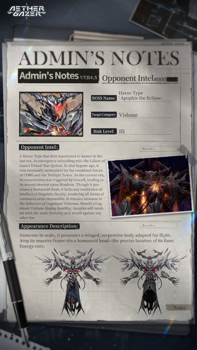AetherGazerEN's tweet photo. 【Admin's Notes】

▶BOSS Name: -Havoc Type「Apophis the Eclipse」
▶Risk Level: III
Monitoring ongoing >>>

#AetherGazer https://t.co/BH2DO11d1V