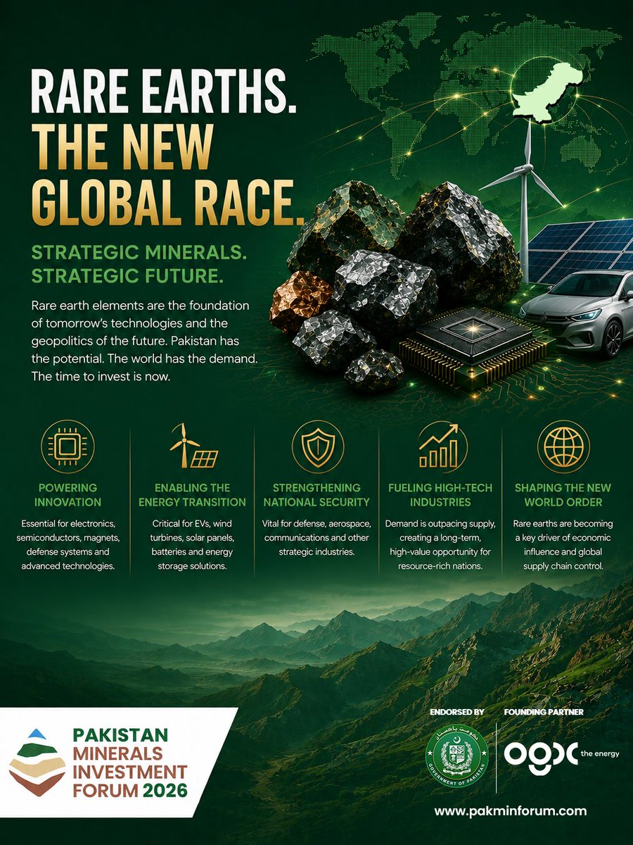 pakminforum's tweet photo. As the global demand for critical minerals accelerates, Pakistan is emerging as a strategic player in the future of energy, technology and industrial growth.

#PMIF26 #PMIF https://t.co/yDBUgOsbaz