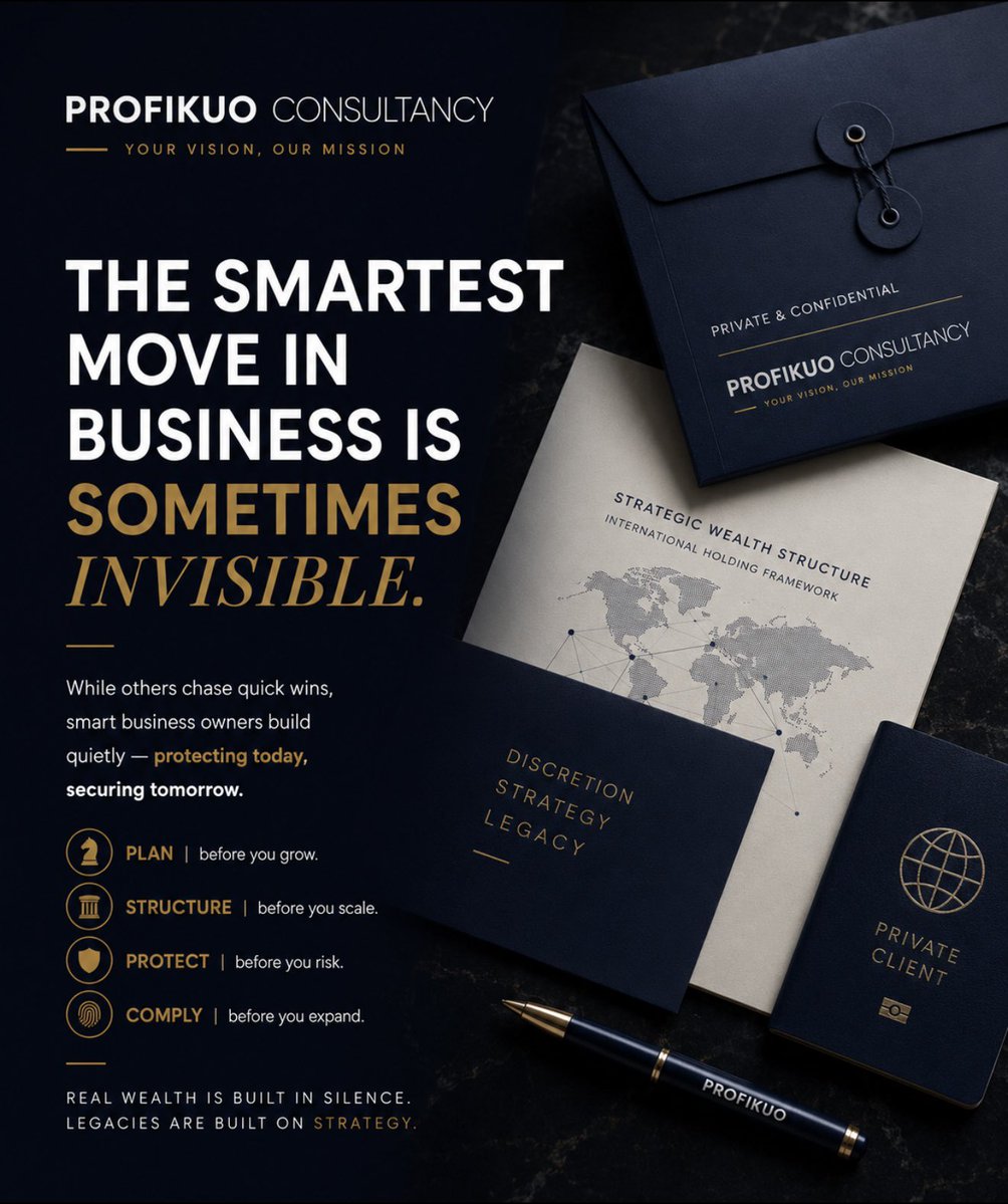 ProfikuoC's tweet photo. The smartest move in business is sometimes invisible.

⟡ Structure before scale.
⟡ Protection before expansion.
⟡ Strategy before exposure.

Real wealth is built quietly.

#BusinessStrategy #CorporateStructuring #AMLCompliance #RiskManagement https://t.co/qIGNgAQgCA