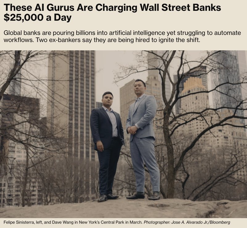 wallstengine's tweet photo. WALL STREET AI TRAINERS ARE CHARGING $25,000 A DAY

Bloomberg reports Felipe Sinisterra and Dave Wang’s Wall Street Prompt charges $25,000 for a day of AI workflow training.

They are reportedly backlogged for two months.

The sessions show finance teams how to use tools like Gemini, ChatGPT and Claude for actual workflow tasks:

analyzing pitch videos,

scanning earnings-call transcripts,

finding market-moving comments,

running sentiment analysis,

turning management commentary into spreadsheet inputs.