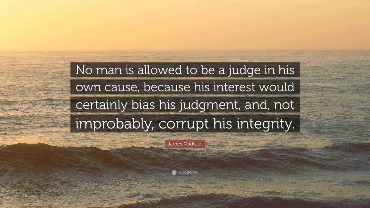 DunstanTaz's tweet photo. "No man is allowed to be a judge in his own cause, because his interest would certainly bias his judgment, and, not improbably, corrupt his integrity." [1] - James Madison
@CourtsofNZ 
@chrisbishopmp 
@NZParliament 
@UNODC_OrgCrime 
https://t.co/PSlJ2dLZ8S https://t.co/FibnROYwjt