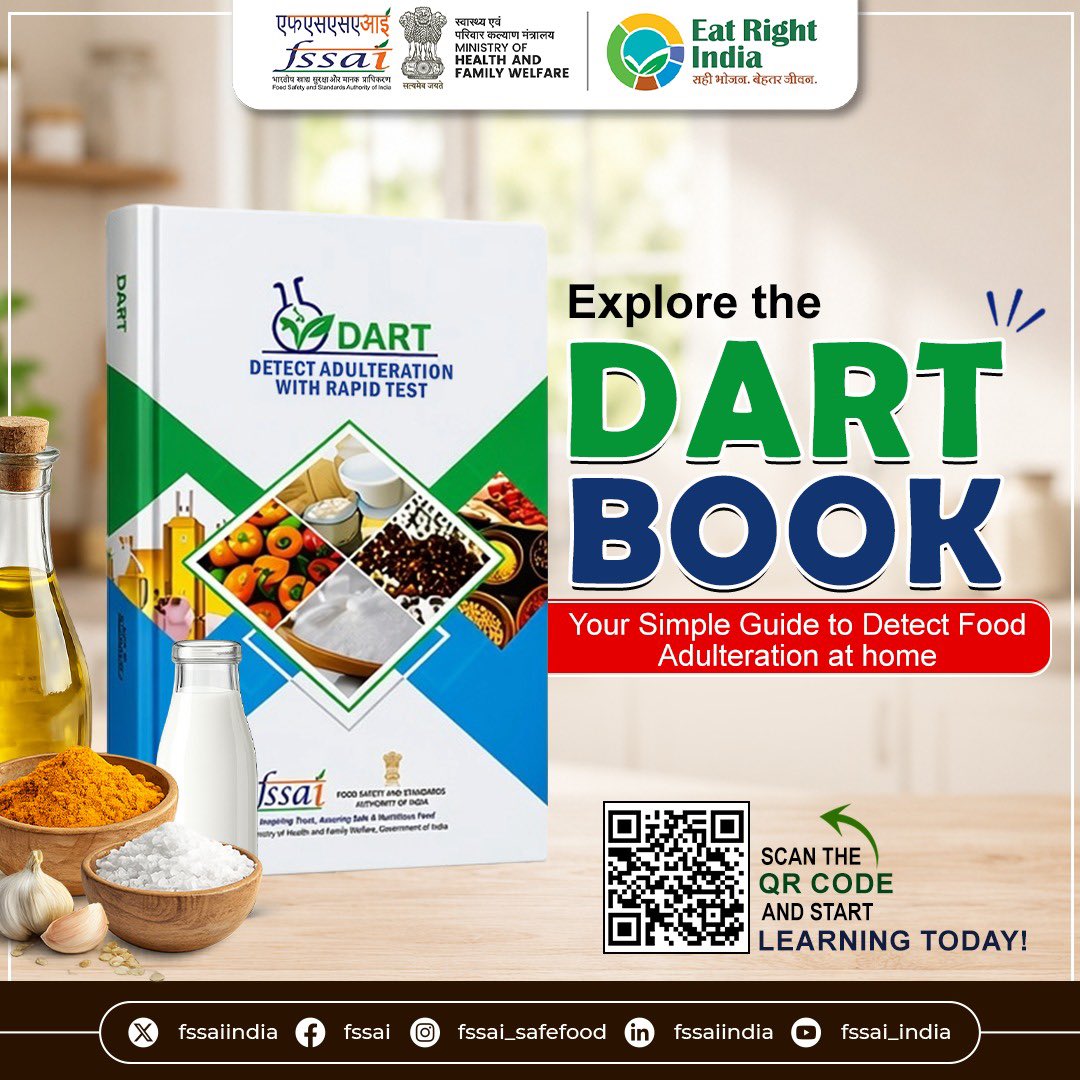 fssaiindia's tweet photo. Hidden adulterants in everyday food can create serious concerns for consumers.
To empower people with the right knowledge, the #FSSAI #DARTBook shares simple and practical home tests to detect common adulterants.
Scan the QR code to explore.
#NoToAdulteration #FSSAIResources https://t.co/3QkFtPaPcO