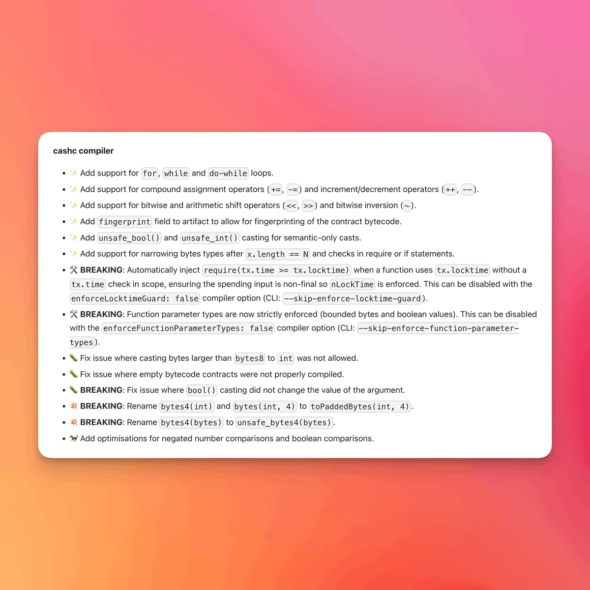 CashScriptBCH's tweet photo. CashScript v0.13.0 was just released! What's new?

🔁 Loops &amp; compound assignment
↔️ Bitwise &amp; arithmetic shifts
📦 P2S support
🧠 Type system improvements
🪙 Change and UTXO gathering utilities https://t.co/1l3dhnVB5b