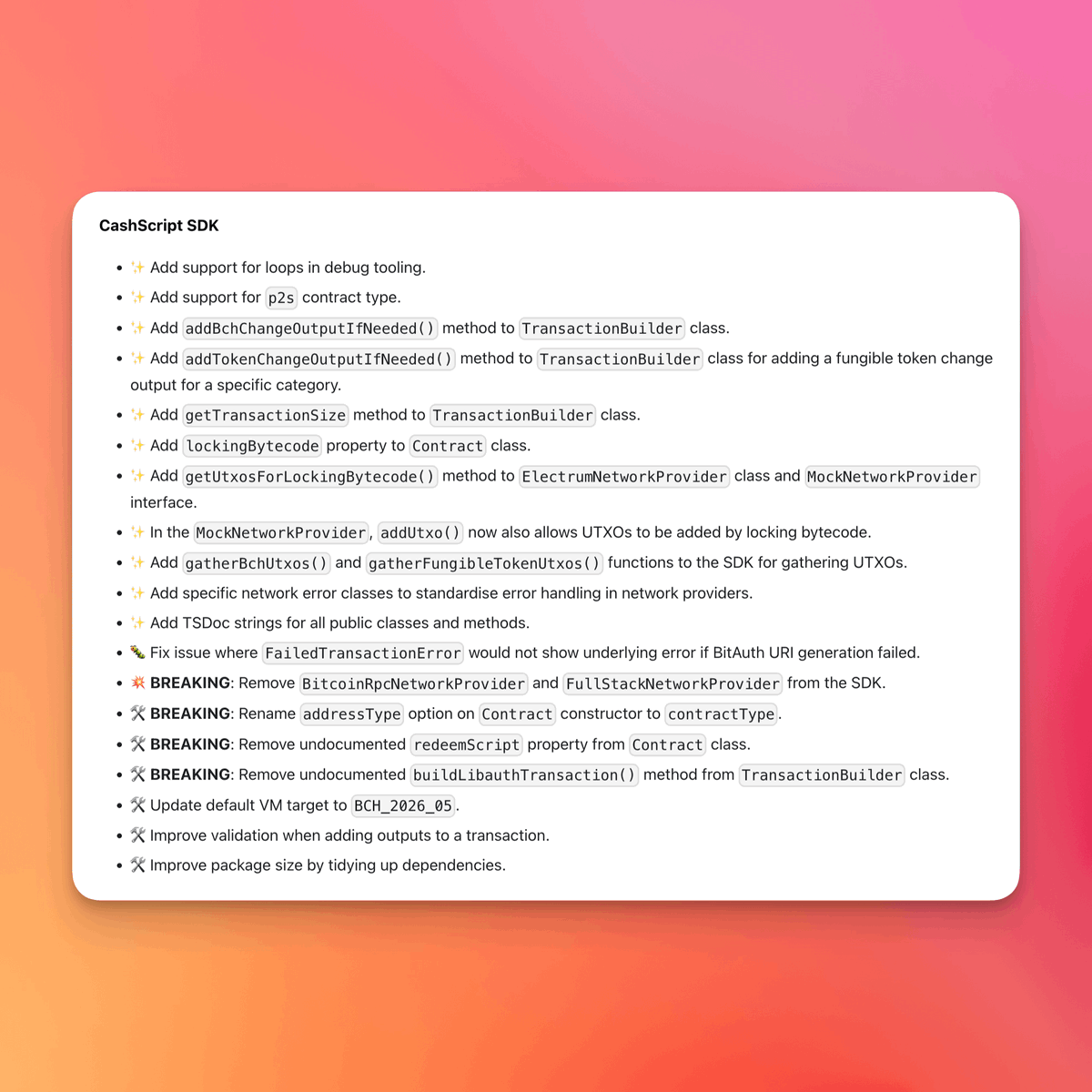 CashScriptBCH's tweet photo. CashScript v0.13.0 was just released! What's new?

🔁 Loops &amp; compound assignment
↔️ Bitwise &amp; arithmetic shifts
📦 P2S support
🧠 Type system improvements
🪙 Change and UTXO gathering utilities https://t.co/1l3dhnVB5b