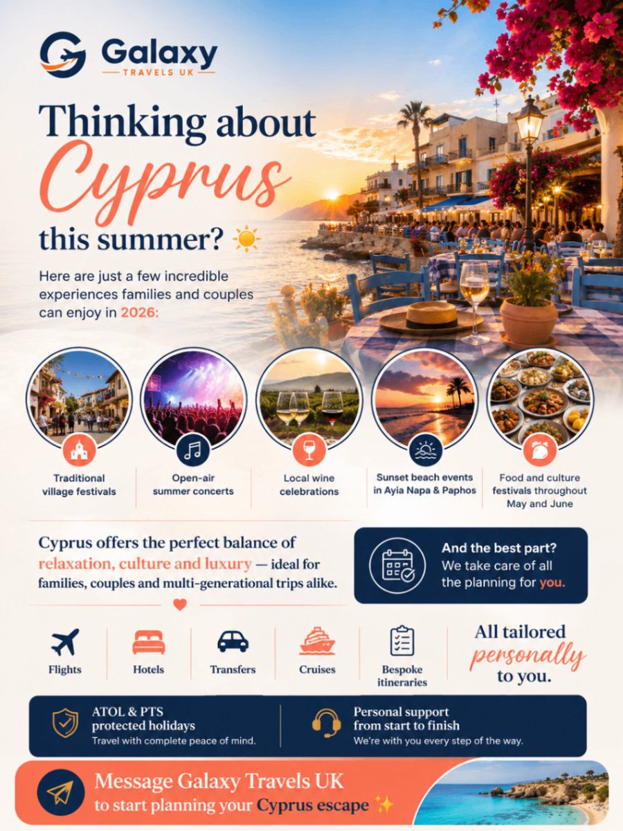 DearingSharon's tweet photo. Thinking about Cyprus this summer? ☀️ Experience local festivals &amp; luxury in 2026. Our experts handle the planning for you. ✈️ ATOL protected. Armed Forces discount available! 🇬🇧 Message us to start! ✨

#Cyprus #LuxuryTravel #Paphos #GalaxyTravelsUK https://t.co/ANOlabfIvW