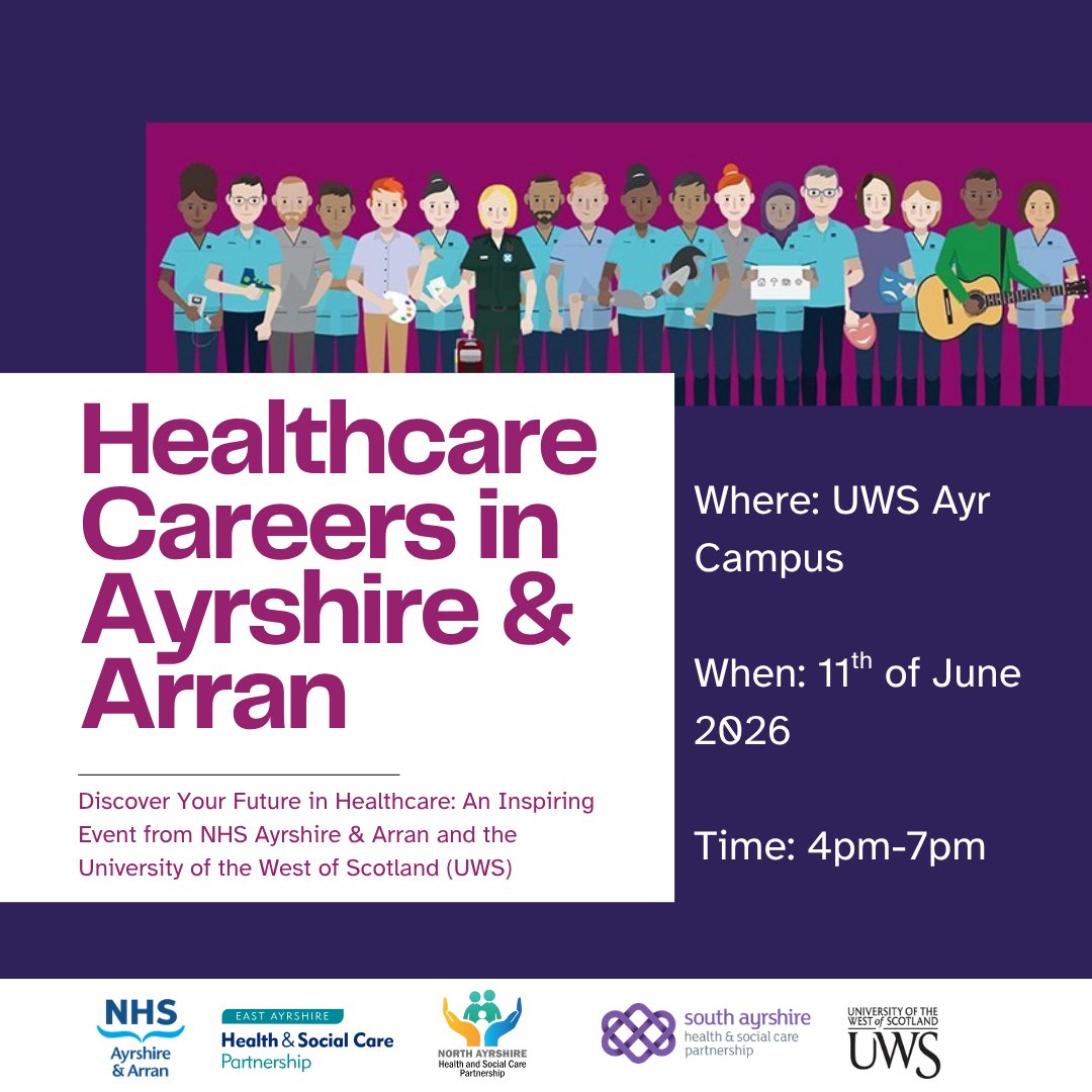 eahscp's tweet photo. Considering a career in healthcare?👨🏽‍⚕️👩🏻‍⚕️

Join us at UWS Ayr for an exciting careers event in partnership with @NHSaaa.

📍UWS Ayr campus
🗓️Thursday 11 June
🕓4pm-7pm

Visit https://t.co/VASdPSOI2K for more details and to book your place! https://t.co/MneOtizzFP