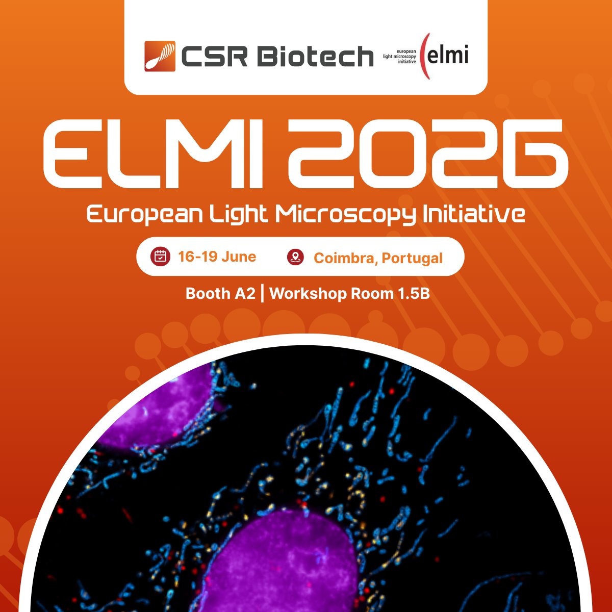 CSRBiotech's tweet photo. We are pleased to announce our participation in the  ELMI2026
🔬 Booth A2 | Workshop Room 1.5B
Join us at the workshop to experience real-time, live-cell imaging at 60nm resolution. We look forward to connecting in Portugal.  
#ELMI2026 @PPBioImaging https://t.co/NbR6oADV8R