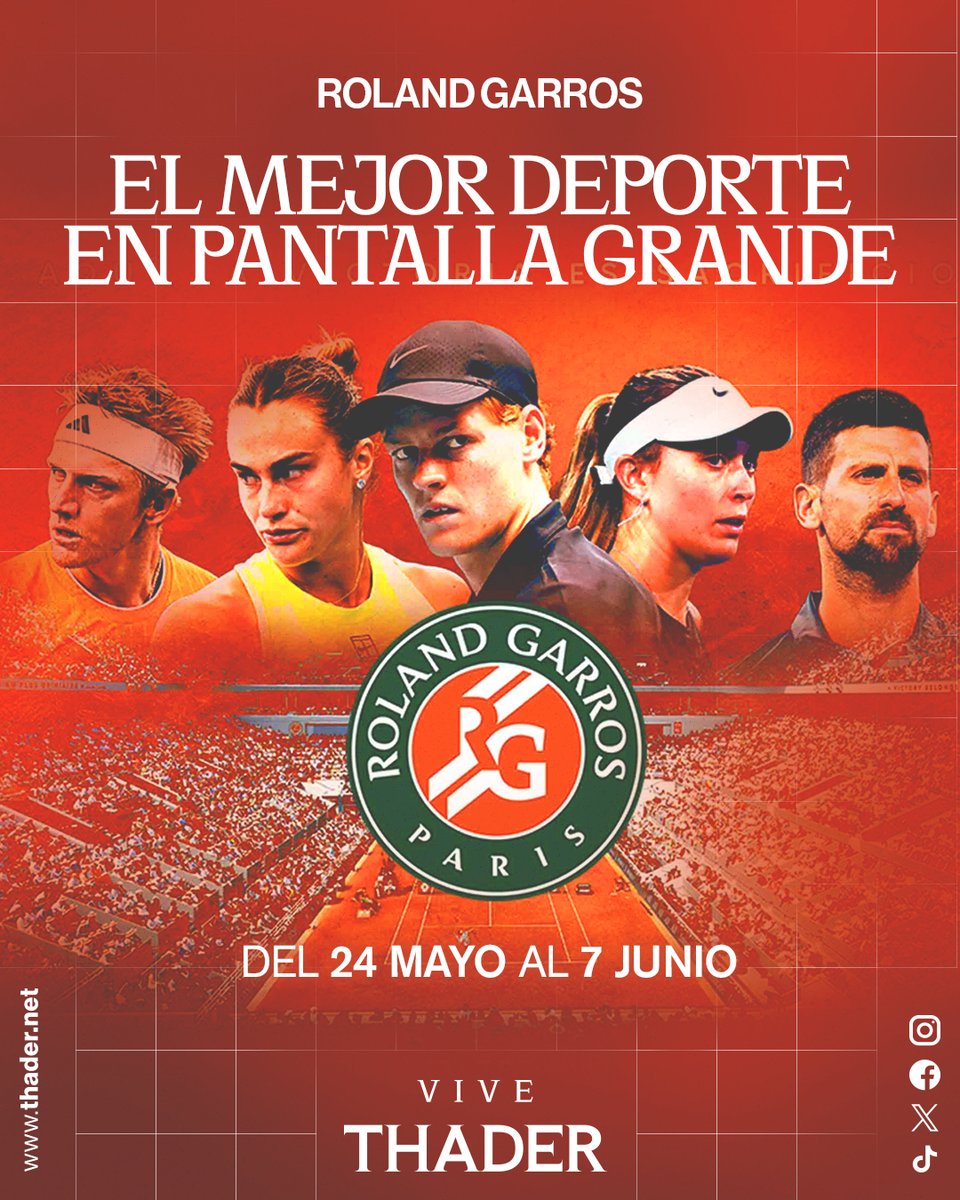 CCTHADER's tweet photo. 🎾 Roland Garros se vive en Thader 🔥

Del 24 de mayo al 7 de junio podrás seguir uno de los torneos más emocionantes del año 📺✨

Ven a disfrutarlo en la pantalla grande 🧡 https://t.co/JbGRHfkBfg