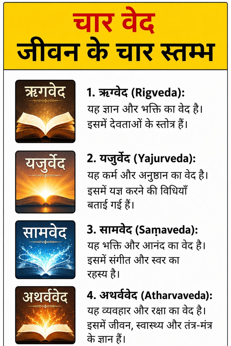 SubhashRawatsar's tweet photo. 📖 चार वेद — जीवन को समझने के चार मार्ग।
ज्ञान, कर्म, संगीत और जीवन रक्षा…
हमारी संस्कृति की जड़ें जितनी प्राचीन हैं, उतनी ही गहरी भी। ✨
#चारवेद #सनातनधर्म https://t.co/fRNOkVXmi1