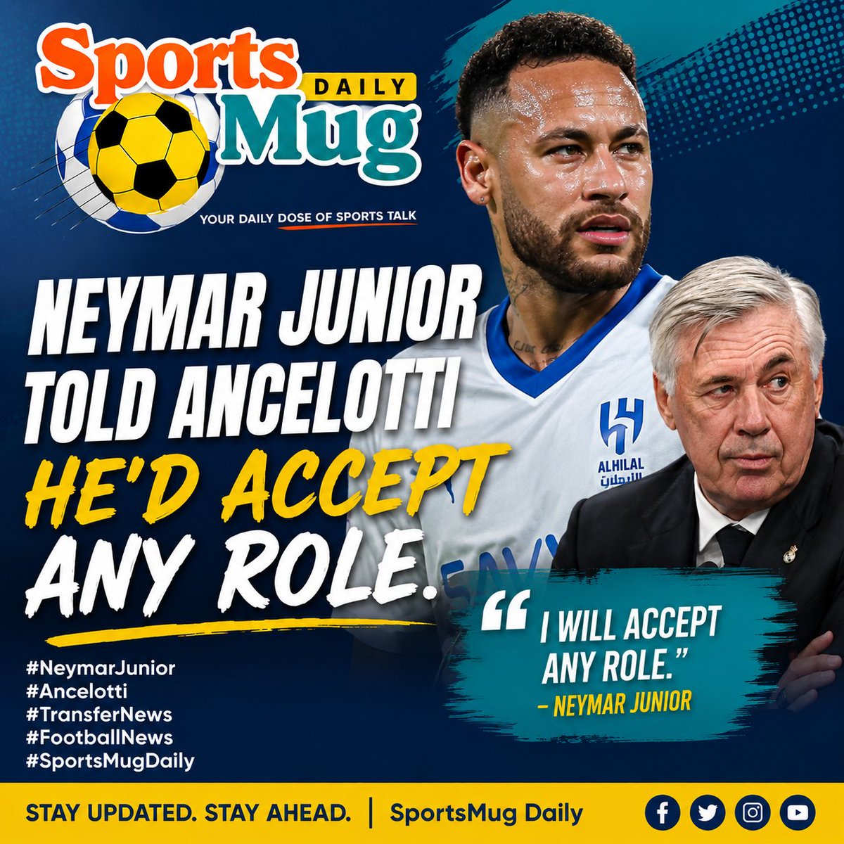 sportsmugdaily's tweet photo. Neymar x Ancelotti 👀🔥
“Any role? I’m ready.” Football fans are talking! 🇧🇷⚽

#NeymarJr #Ancelotti #FootballNews #TransferNews #Brazil #SoccerUpdates #SportsNews #ViralFootball #SportsMugDaily #sportsmugdaily https://t.co/lHgJJ06CTY