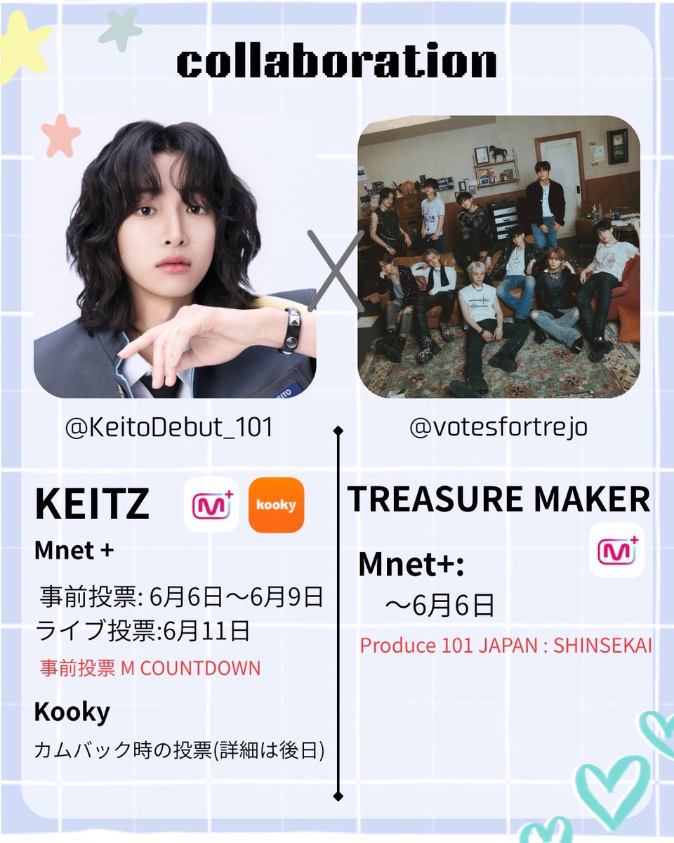 KeitoDebut_101's tweet photo. ［コラボレーション決定💫］

TREASURE MAKER(@votesfortrejo )様との投票コラボが決定いたしました！

Mnet+、kookyの投票にて投票収集を行いたいと思います！

✅投票期間
Mnet+ 
・事前投票　6/6-6/9
・ライブ投票　6/11 

kooky 詳細は後日発表
(集票方法は画像2-4枚目をご確認ください。) https://t.co/F6iGepZeRb