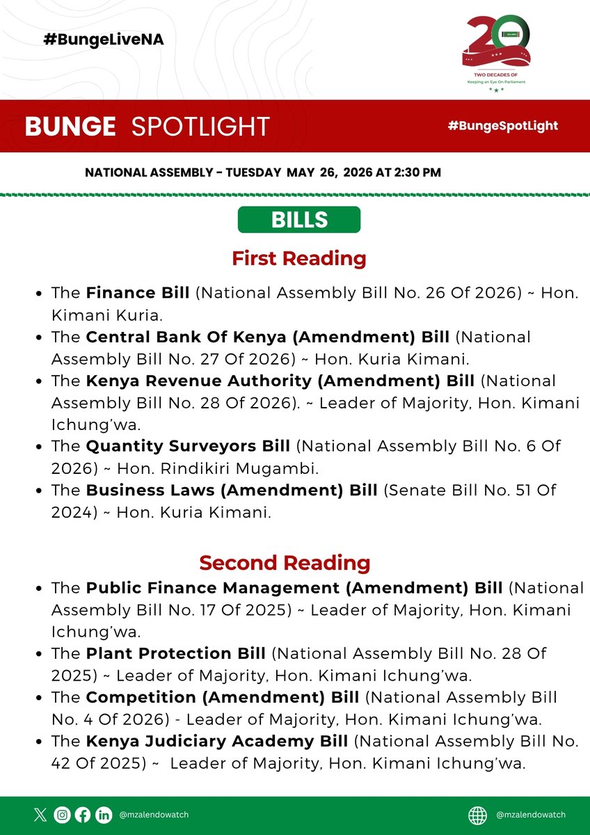 MzalendoWatch's tweet photo. Five Bills are set to be introduced in the National Assembly today as MPs resume sittings after recess, including the Finance Bill, 2026.

Stay tuned from 2:30pm for extensive live parliamentary coverage and updates on the day’s proceedings. #BungeSpotlight #BungeLiveNA. https://t.co/ZmrDKd3K09
