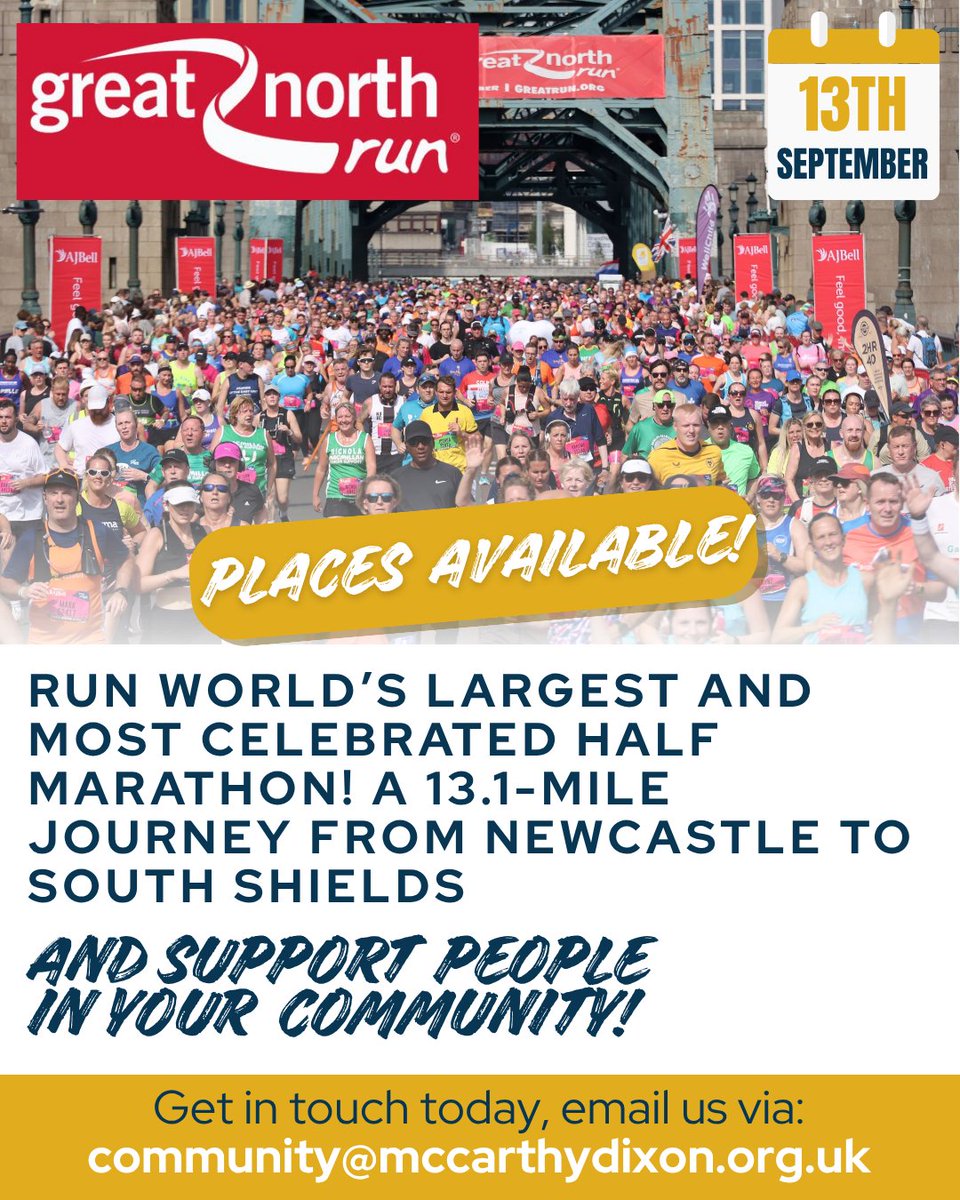 TMDFoundation's tweet photo. 🏃‍♂️ Places still available 💛

Join the Great North Run or Northampton Run 🙌

Make a difference &amp; take on a challenge ✨

👉 https://t.co/T2MLsbJ4Ah
👉 https://t.co/vAmoopivyn

#TMDF #McCarthyDixon #RunForCharity https://t.co/BwGo2ZQRsS