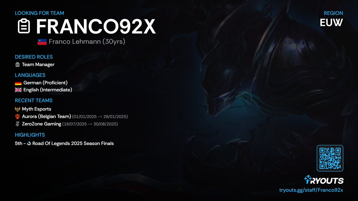 FrancoGami69398's tweet photo. Looking for team – Summer Split 2026 / rest of the year

Currently in talks with Myth, but I’ve been allowed to explore my options for the rest of the year.
Open to offers and conversations from any interested teams! 
DM me here or Discord or my Agent @nicotheweirdo_ https://t.co/gnyobYeabN