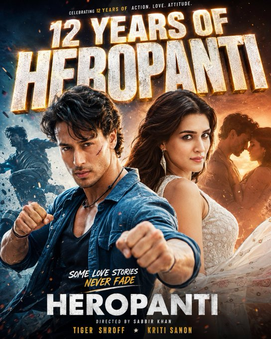 fouji_fan's tweet photo. 12 years of action, romance, and unforgettable memories — Heropanti still lives in our hearts. ❤️💫✨#12YearsOfHeropanti 

#TigerShroff #KritiSanon #salı https://t.co/ZM9bHo3Cg8