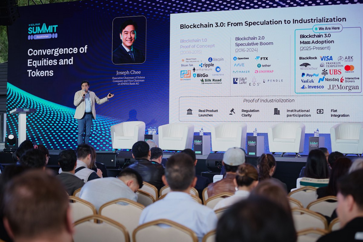 JosephChee_'s tweet photo. Just returned from Solana Summit Kazakhstan where I had the honor to deliver a keynote on “Convergence of Equities and Tokens”.

Kazakhstan and Central Asia stand at a pivotal moment in the global shift from Blockchain 2.0 speculation to Blockchain 3.0 industrialization.

This convergence — powered by real utility in payments, stablecoins, RWA tokenization, and on-chain finance — aligns perfectly with Central Asia’s growing role as a bridge between traditional finance and digital assets. With Asia’s 4.8 billion population, 60% of global crypto users, and massive trade flows, the region is poised to lead Solana’s next supercycle.

@Solana_Company is committed to supporting this momentum by building institutional-grade infrastructure: Digital Asset Treasuries, Pacific Backbone for enterprise performance, and comprehensive compliance solutions to help TradFi and corporations across Central Asia and beyond go on-chain.

This is our 2003 Internet moment. The financial internet is being rebuilt on @solana .

Thank you to the Solana community and organizers for the productive discussions in Almaty.