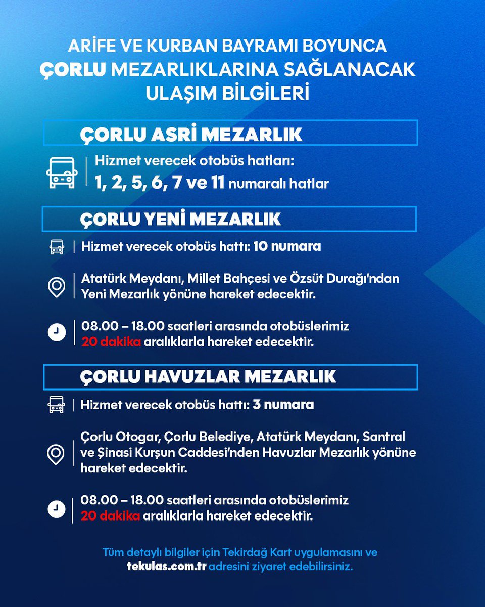 Tdagbld's tweet photo. Arife günü ve Kurban Bayramı boyunca mezarlık ziyaretleri için ulaşım hizmetlerimiz devam ediyor. 🚌

Süleymanpaşa ve Çorlu’daki mezarlıklara belirlenen hatlarla ücretsiz seferler düzenlenecektir.

Bayram boyunca tüm seferlerimiz ücretsizdir. 🤍 https://t.co/xi4enSMLo5