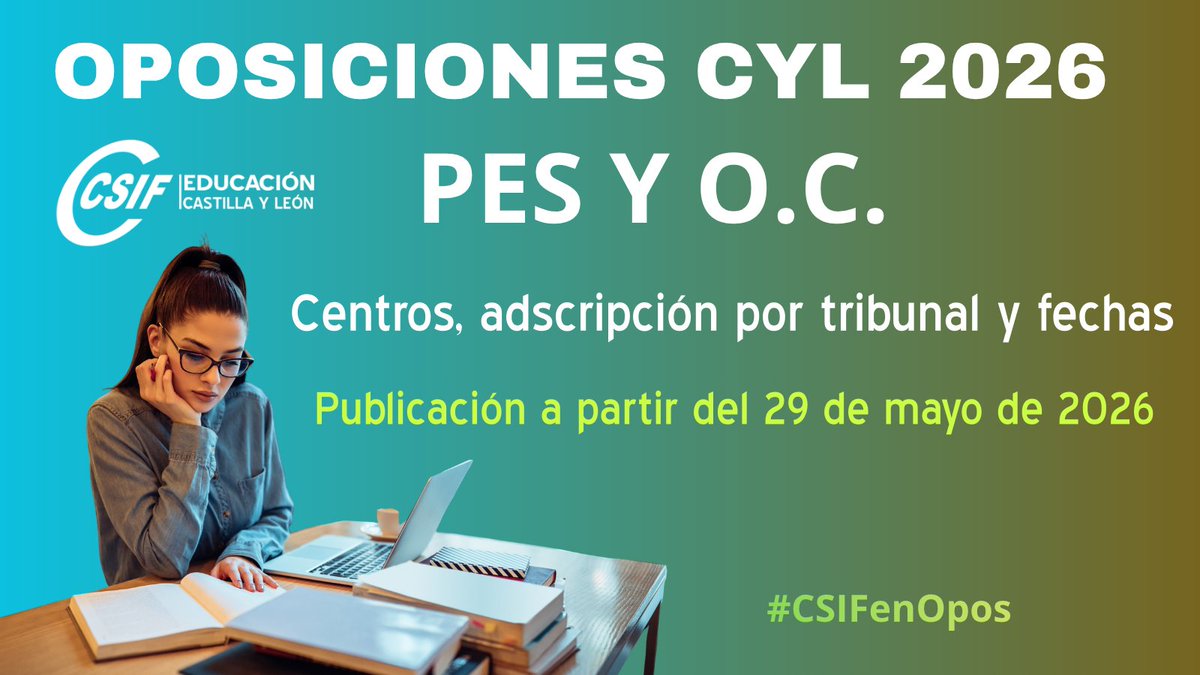 CSIFEnsenanzCyL's tweet photo. 📢📢Oposiciones 2026 PES y O.C.

✅✅ Anuncio de publicación de centros, distribución de opositores por tribunal, fechas y horas. BOCYL 26/05/2026.

⌛️⏳ Se publicarán a partir del 29 de mayo de 2026.

#CSIFenOpos

ℹ️ℹ️ℹ️ Más Información👇🏼👇🏼👇🏼
https://t.co/D7e3t4JHoO https://t.co/ORDyvxpYXm