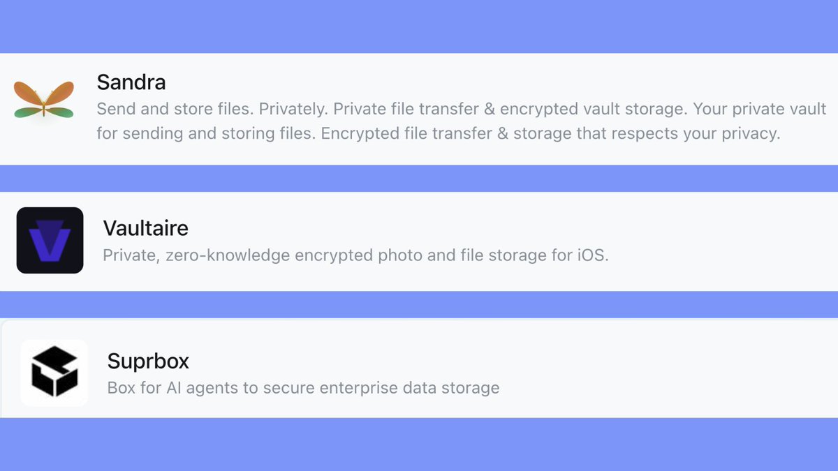 productwatch_io's tweet photo. Feels like privacy tools are evolving beyond just “store files safely” 👀
Now it’s becoming about who can access data, where it lives, and how much control you actually have.

1️⃣ @SandraFiles_ 
Interesting take on file sharing + storage.
Instead of trusting a platform with your files, encryption happens directly in the browser before upload.
So whether you’re sending large files or storing them, the bigger idea is privacy-first transfer without the usual tracking or scanning.

2️⃣ @vaultaire_app 
This feels like privacy for personal data at a deeper level.
Photos, videos, and files stay local-first, with extra layers like hidden vaults and emergency access controls.
A reminder that security isn’t always just passwords.
Sometimes it’s designing for worst-case scenarios.

3️⃣ Suprbox 
Probably the most interesting shift here.
As AI agents get access to enterprise data, the bigger question becomes:
how do you protect the data itself, not just the app?
Instead of giving broad access, this focuses on scoped permissions, rules, approvals, and audit trails.
Feels like privacy is moving in 2 directions right now:

For people → protect your files
For companies → protect what AI can touch

👉 What matters more to you today: convenience, privacy, or control?

@synopsi @Brice #buildinpublic #privacy #ai #cybersecurity #startups #productivity #tech