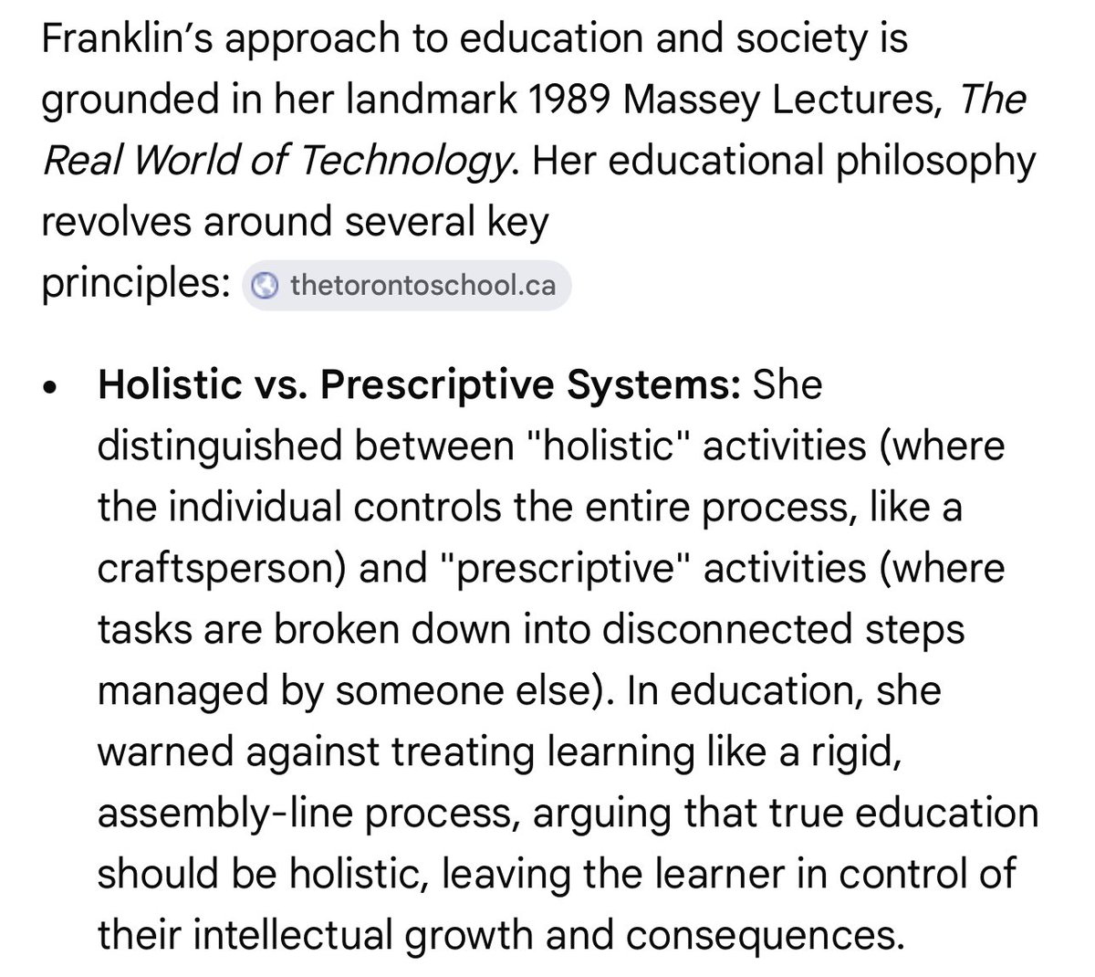 timelystranger's tweet photo. @visakanv reminded me of holistic vs prescriptive systems by ursula franklin. how active participation is allowing the learner to be in control. https://t.co/MTCgBkNEvW