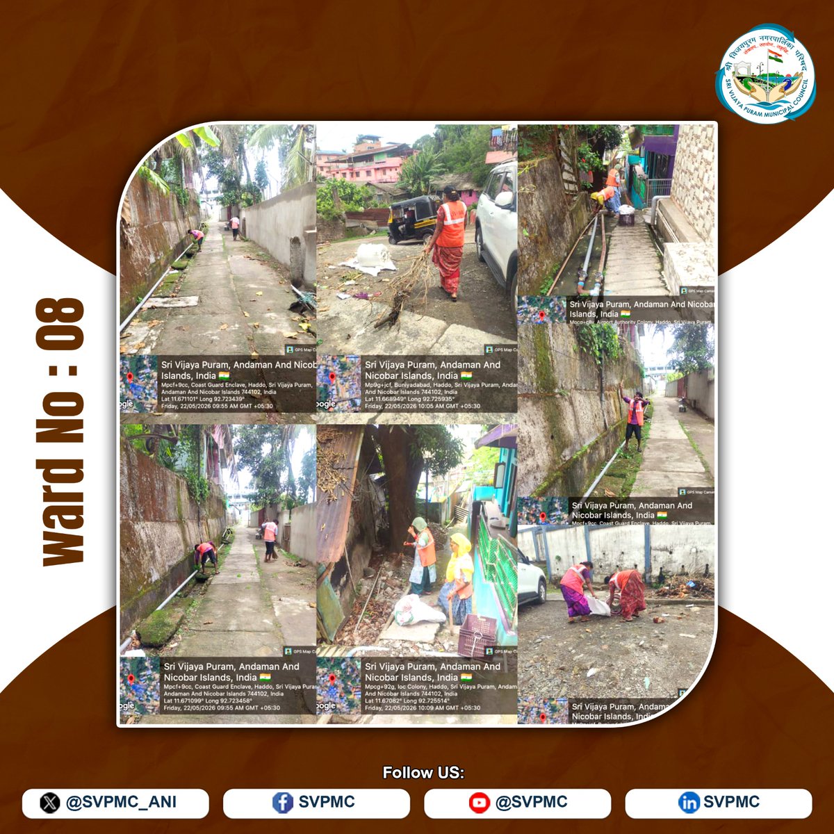 SVPMC_ANI's tweet photo. Ward No 8 joined the Monsoon Ready Drive with an intensive weekly cleanup campaign. #SafaiMitras cleaned drains, cleared roadside waste, and removed bushes blocking water flow to ensure smooth drainage during rains.

#MonsoonReady #CleanupDrive #CleanCity #SVPMC https://t.co/jYdkJucuSM