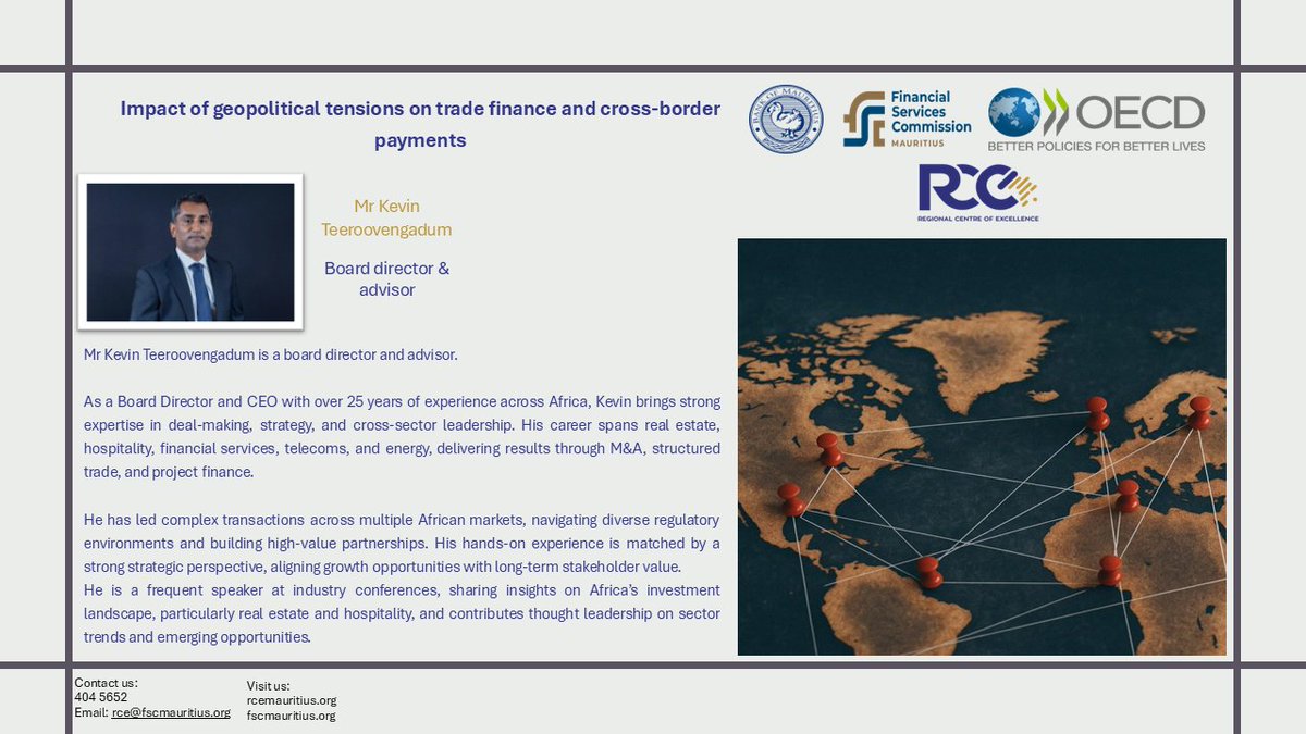 RCEMauritius's tweet photo. The RCE of the @FSCMauritius in collaboration with the @BoM_Mauritius will host a technical training on Impact of geopolitical tensions on trade finance and cross-border payments on Friday, 29 May 2026 at 10:00-12:30 hrs (Mauritius Time).

Register now: https://t.co/7bs3wB6atN https://t.co/bomAkmvwiq