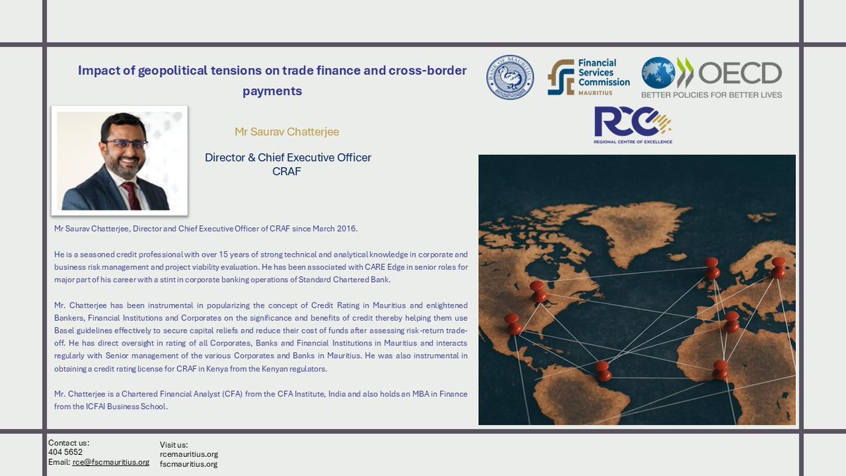 RCEMauritius's tweet photo. The RCE of the @FSCMauritius in collaboration with the @BoM_Mauritius will host a technical training on Impact of geopolitical tensions on trade finance and cross-border payments on Friday, 29 May 2026 at 10:00-12:30 hrs (Mauritius Time).

Register now: https://t.co/7bs3wB6atN https://t.co/bomAkmvwiq