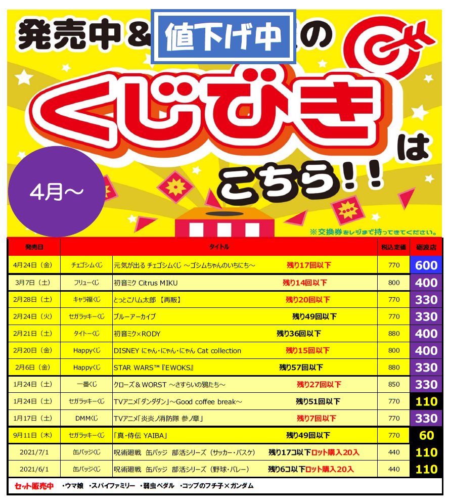 値下げ中のくじ各種です（5/26更新） #チェゴシムくじ、#初音ミク