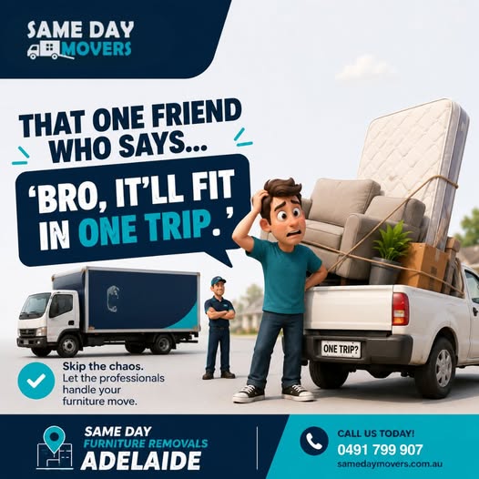 MoversSame's tweet photo. 🚛 Moving Day? Let Same Day Movers handle the heavy lifting! 📦✨

✅ Fast &amp; Reliable Service
✅ Safe Furniture Handling
✅ Stress-Free Moving
📞 0491 799 907
🌐 https://t.co/lghm4lS7YH

#AdelaideMovers #FurnitureRemoval #SameDayMovers #StressFreeMoving #Removalists https://t.co/eaMJckz6og