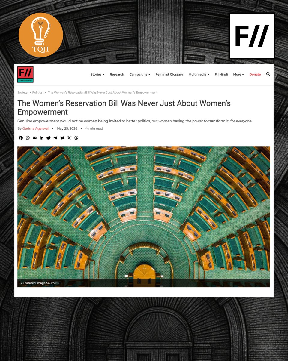 tqh_policy's tweet photo. What happens when women's political representation becomes conditional on larger political battles?

In this piece for @FeminismInIndia, our colleague Garima Agarwal examines how the debate around women's reservation has often focused on what women can do for politics, rather than women's right to political power itself.

A timely reflection on representation, empowerment, and who gets to shape public decision-making.

Read the piece here: https://t.co/TklFCEwayD

#womensreservation #india #politics #gender