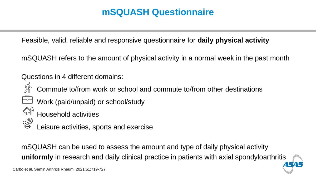 Official_ASAS's tweet photo. Considering collecting research data on physical activity in axSpA cohorts? mSQUASH is a questionnaire that feasible, valid, reliable, and responsible in this patient population. 

#ASAS #Rheumatology https://t.co/ATlTbSo15v