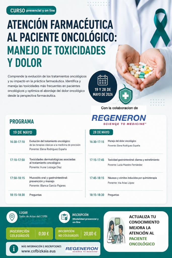 Helenro77's tweet photo. Este jueves 28 de Mayo segunda sesión del curso de Atención Farmacéutica al Paciente Oncologico en @COFBizkaia. Esta vez hablaremos de manejo del dolor, diarrea y estreñimiento, nauseas y vomitos 
#AtencionFarmaceutica #PacienteOncologico https://t.co/2heJgPdees